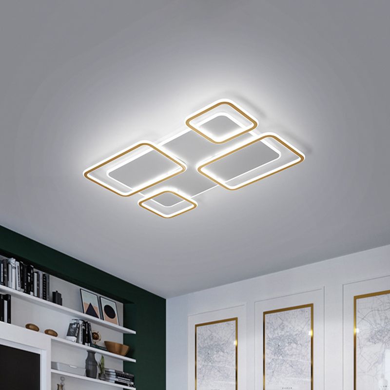 Living Room LED Ceiling Fixture Minimalism White and Gold Flush Mount Light with Rectangle Iron Frame, Warm/White Light