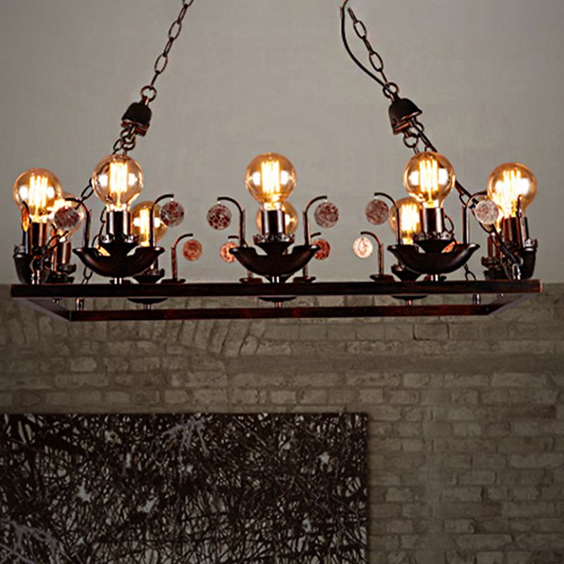 Rust Rectangular Pendant Chandelier Industrial Metal 10-Head Bedroom Hanging Ceiling Light