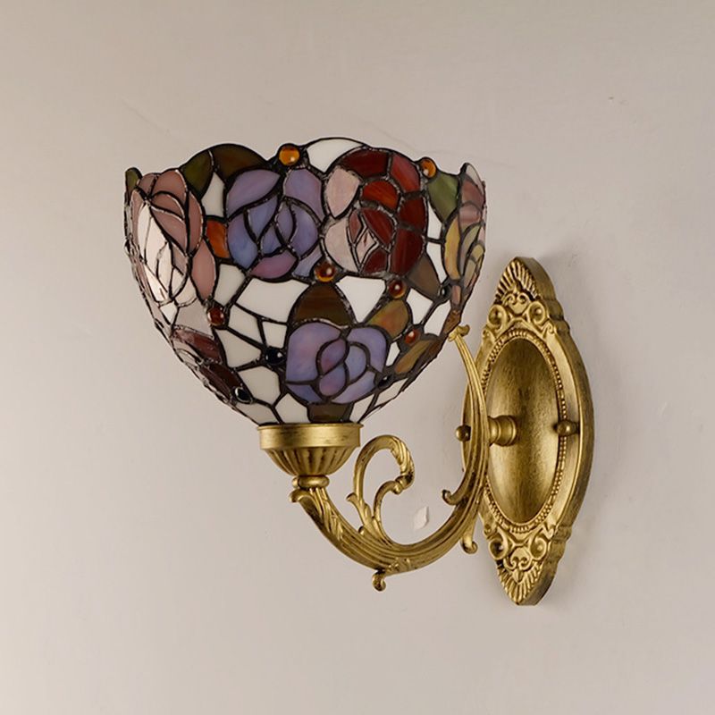 Grape/Blossom Vanity Lighting Fixture 1 Light Stained Art Glass Victorian Sconce Light in Brass for Bathroom