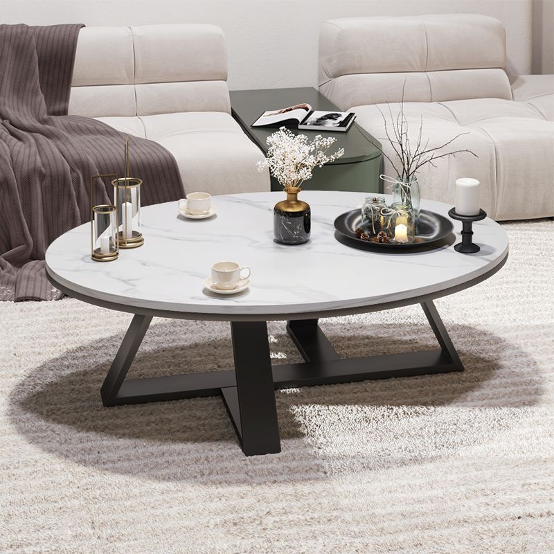 Glam Oval Stone Top Coffee Table with Iron Cross Base Cocktail Table