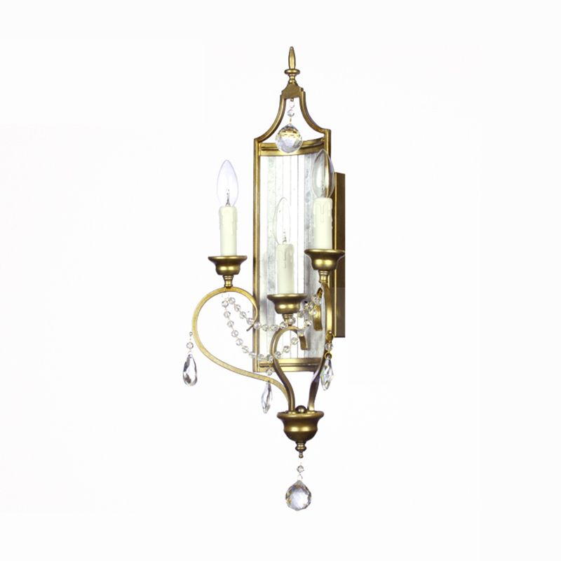 French Country Candle Sconce Lamp 3-Light Metallic Wall Lamp in Gold with Crystal Deco
