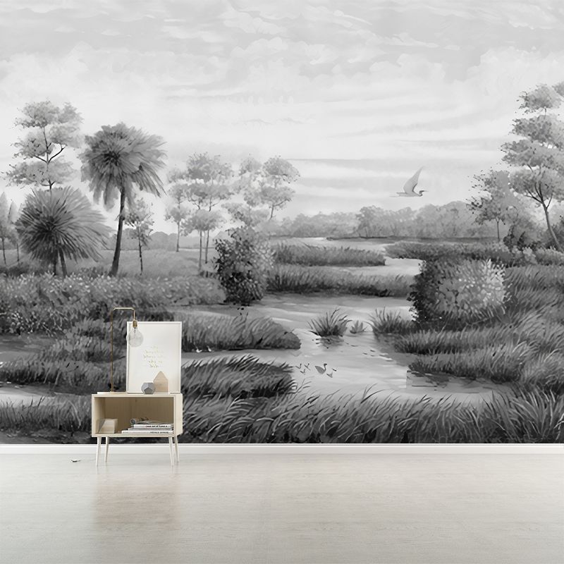 Custom Photography Tropical Wall Murals with River Islets Scenery Pattern in Grey