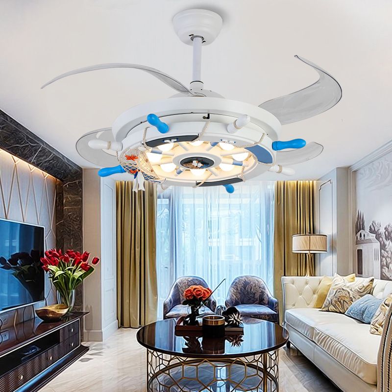 42 "breit kreatives Ruder Semi Flush Leuchte Metallkinder Raum 4 Klingen LED Hanging Lüfter Licht in Weiß