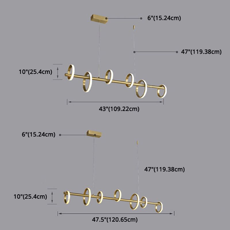 Mid-Century Gold Linear Island Pendant Lighting Multiple Round LED Metal Island Ceiling Light for Dining Table