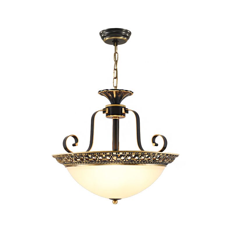 Domed Opal Glass Ceiling Chandelier Traditional 3 Lights Dining Room Suspension Lamp in Brass