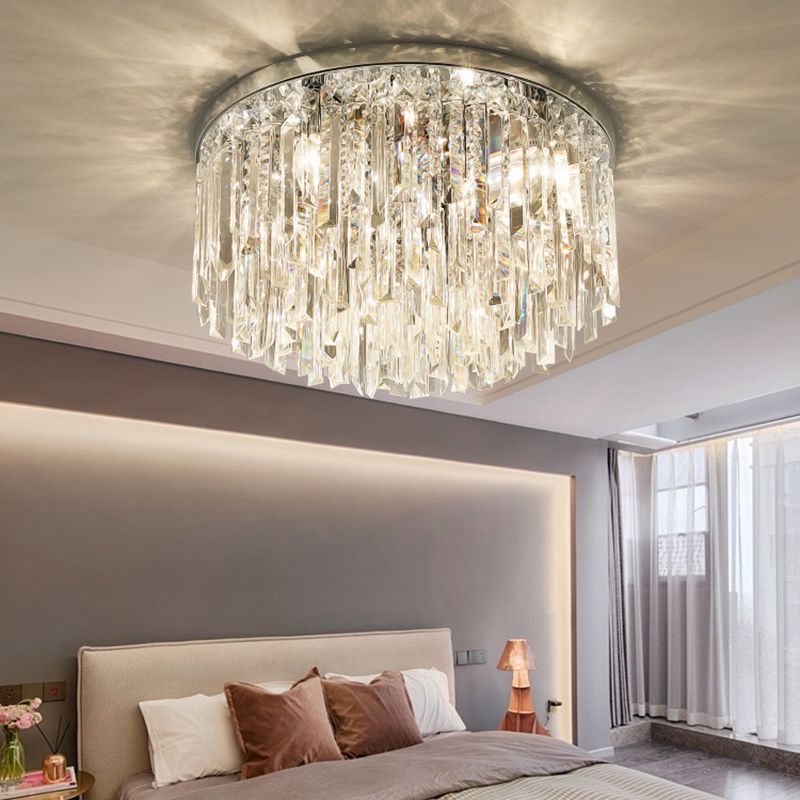 Round Bedroom Flushmount Lighting Clear Crystal Icicles Modern Ceiling Mounted Light