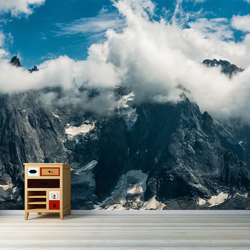 Cool Cloudy Rocky Mountain Murals for Living Room, Grey-White, Custom Size Available