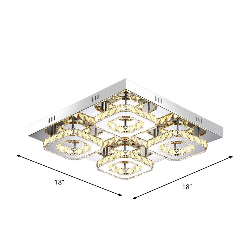 Modernism Squared Semi Flush Light Faceted Crystal LED Restaurant Ceiling Mounted Fixture in Chrome