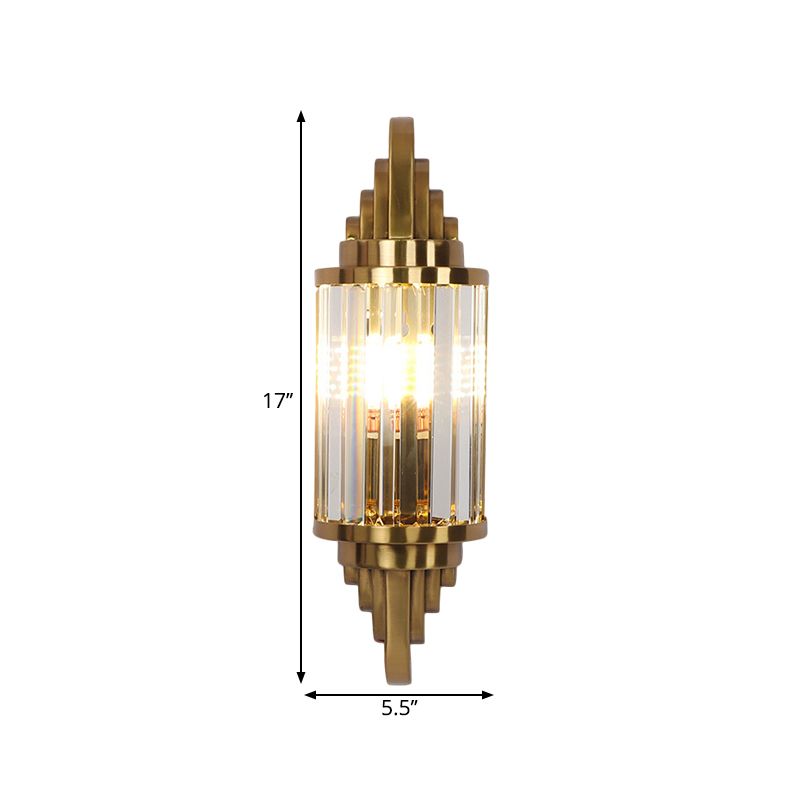 Gold Finish Half Cylinder Sconce Postmodern 1-Head Crystal Prisms Wall Light Fixture for Living Room