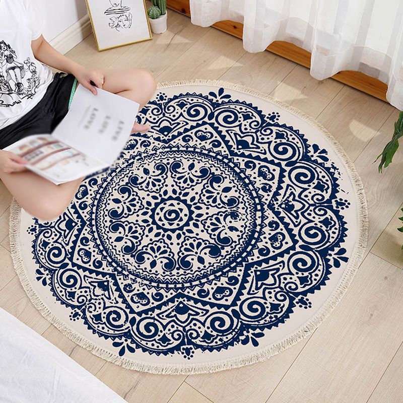 Round Tribal Print Carpet Cotton Persian Indoor Rug Non-Slip Backing Area Rug for Living Room