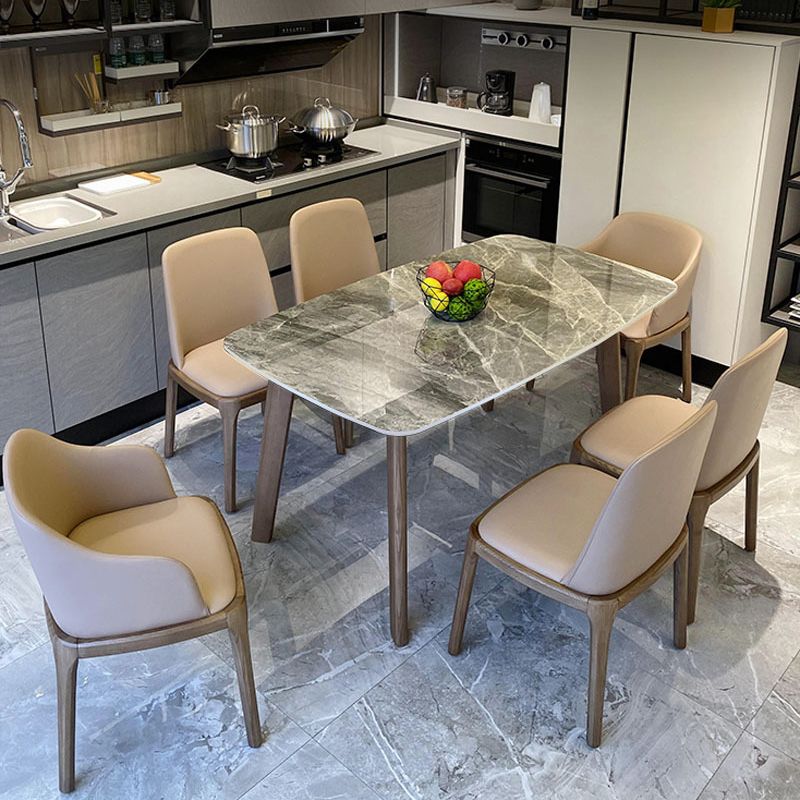 Mid-Century Dining Table for Kitchen Gray Stone Top Dinette Table with Wooden Frame