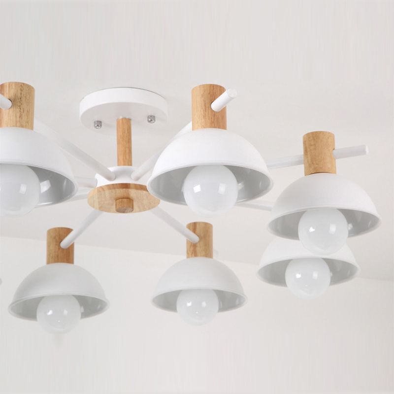 Metallic Bowl Shade Ceiling Light Macaron Style 8-Light Wood Lighting Fixture for Bedroom
