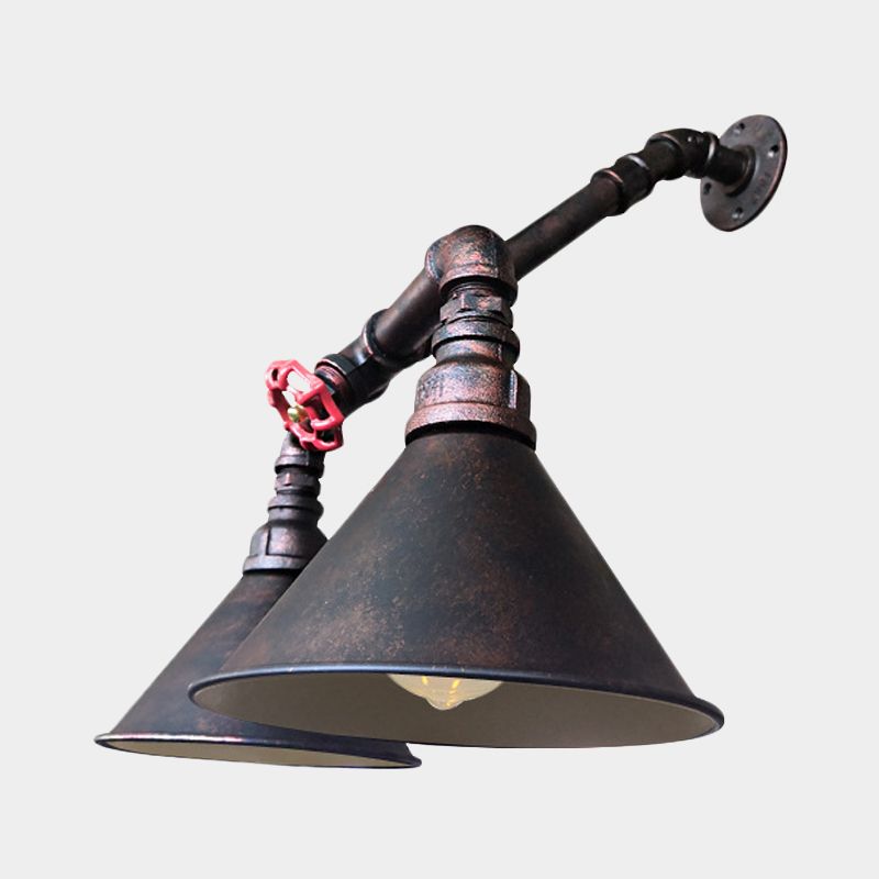 Flared Metallic Wall Mount Lighting Antiqued 2 Bulbs Living Room Sconce in Black with Red Valve Deco