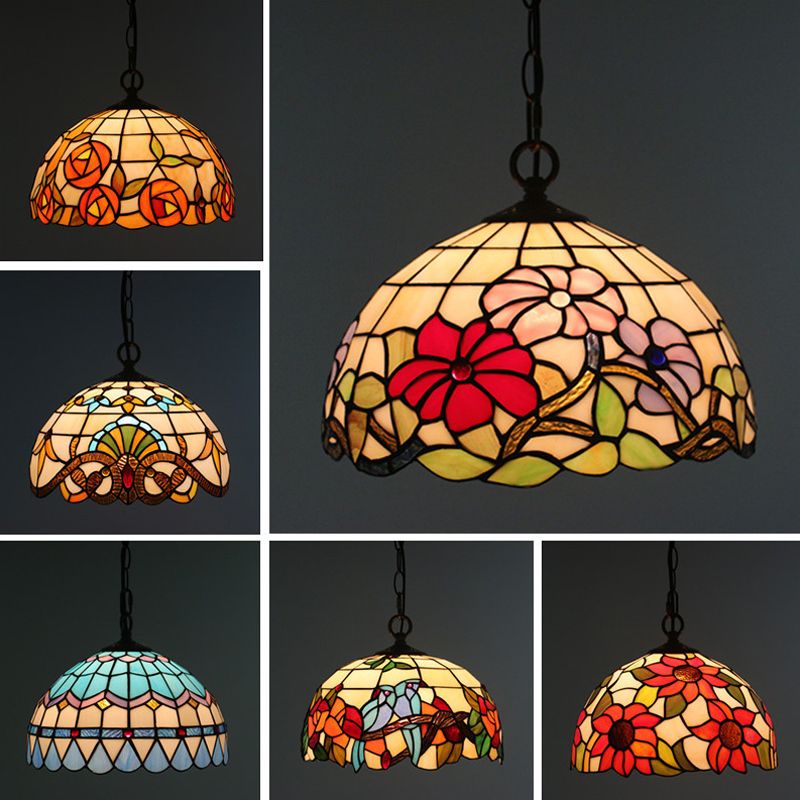 1-bulb eetkamer drop lamp tiffany zwart bloemen patroon hanger lichtkit met koepel handgesneden glazen schaduw