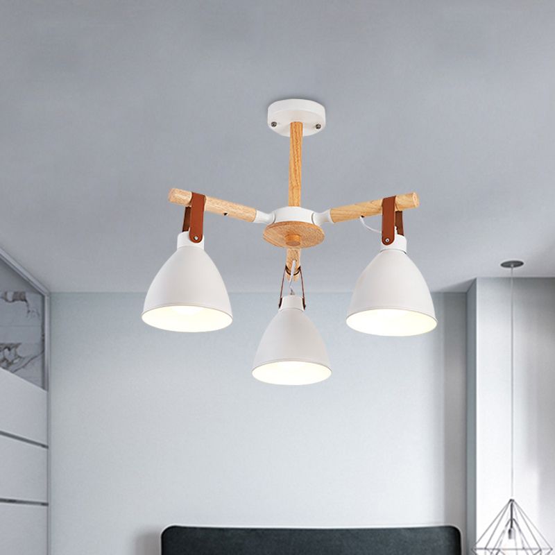 Macaron Bursting Wood Chandelier 3/6/8 Heads Ceiling Hanging Light in White/Blue with Bowl Shade and Leather Strap