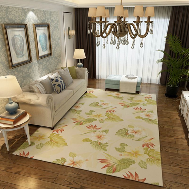 Yellow Tone Modern Indoor Rug Polyester Plants Print Carpet Non-Slip Backing Rug for Home Decoration