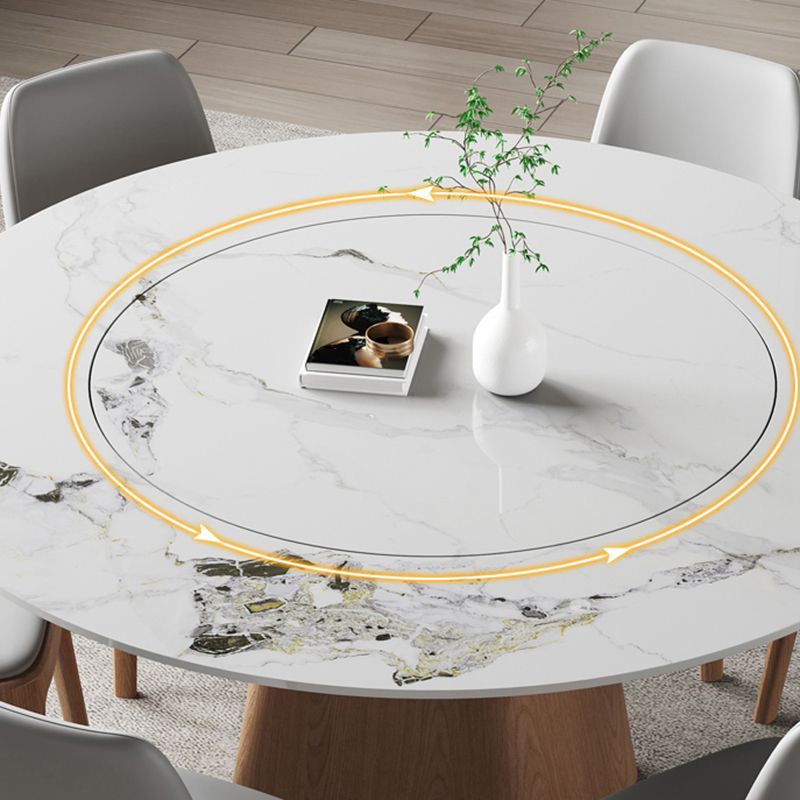 Modern Stone White Dining Table Round Furniture with Solid Wood Pedestal Base