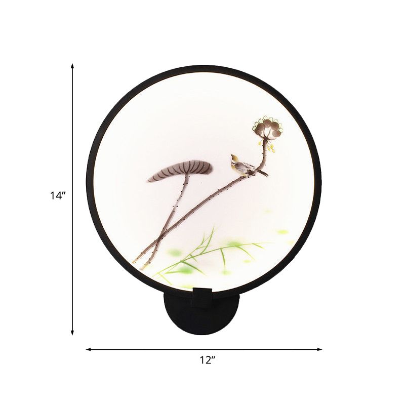Chinese Ink House/Lotus Mural Light Acrylic Bedroom LED Circle Wall Sconce Light in Black