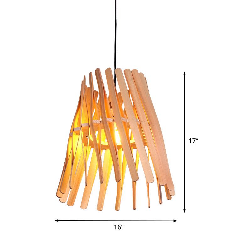1 Bulb Bedroom Hanging Lamp Asia Beige Ceiling Pendant Light with Conical Wood Shade