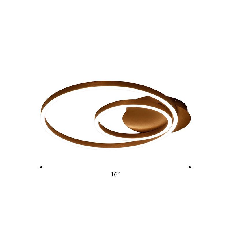 Metallic Dual-Ring Ceiling Light Modern 16"/19.5"/23.5" Dia LED Coffee Flush Mounted Lamp in Warm/White Light for Living Room