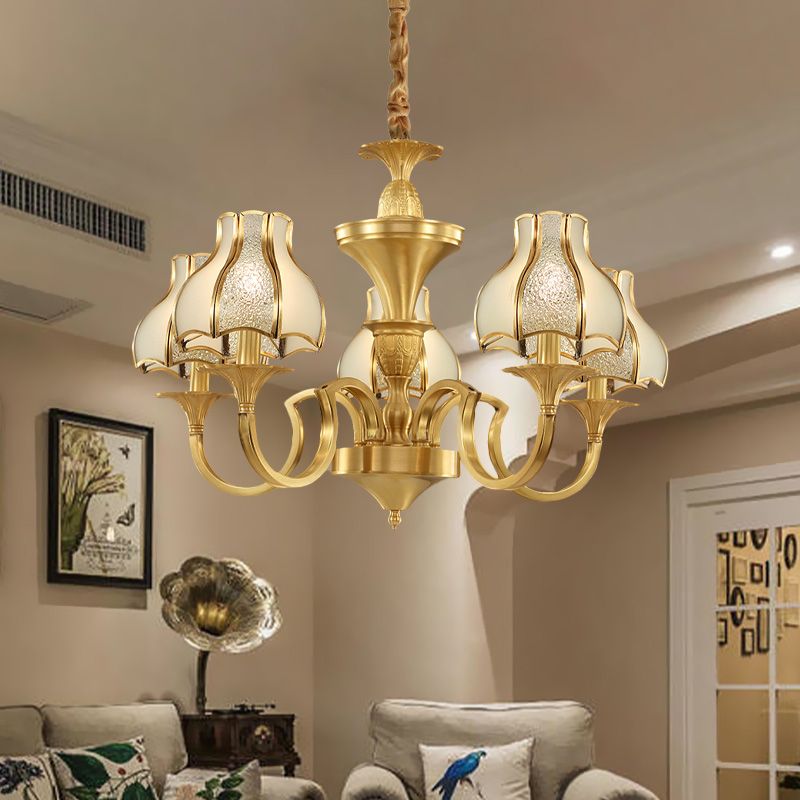 Gold 5/6 Heads Chandelier Light Colonialist  Metal Curved Arm Suspended Lighting Fixture with Opal-White Glass Shade