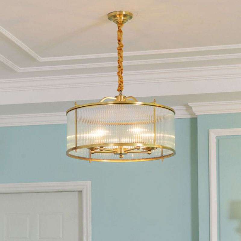 3/5/6 luci lampadario leggero tamburo coloniale trasparente con soffitto in vetro a coste in ottone lucido, piccolo/medio/grande