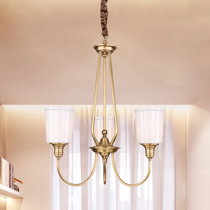 White Glass Cylinder Chandelier Light Colonialism 3/5 Lights Bedroom Pendant Lighting Fixture in Gold