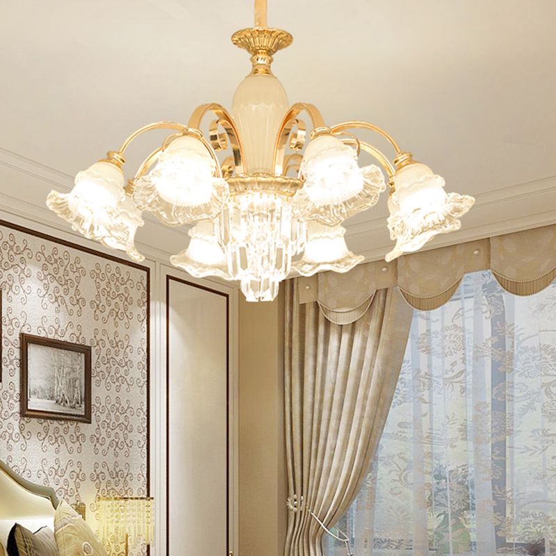 Retro Ruffled Bell Chandelier Light Clear Textured Glass Pendant Light Fixture with Tiered Crystal Accent