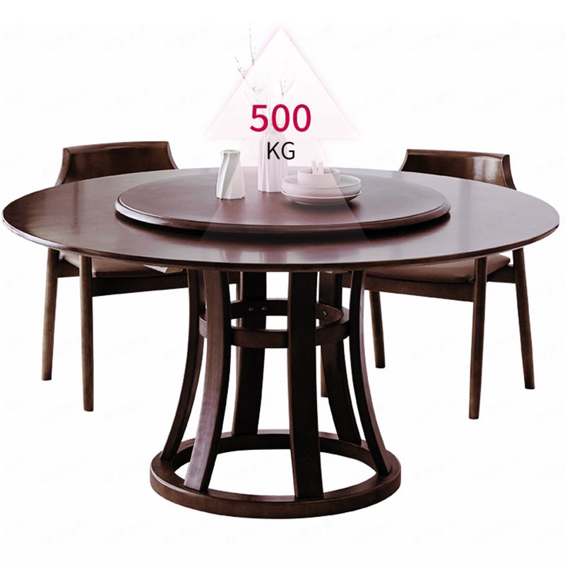 Rotatable Wooden Round Table in Brown Rubber Wood Dining Table with Pedestal