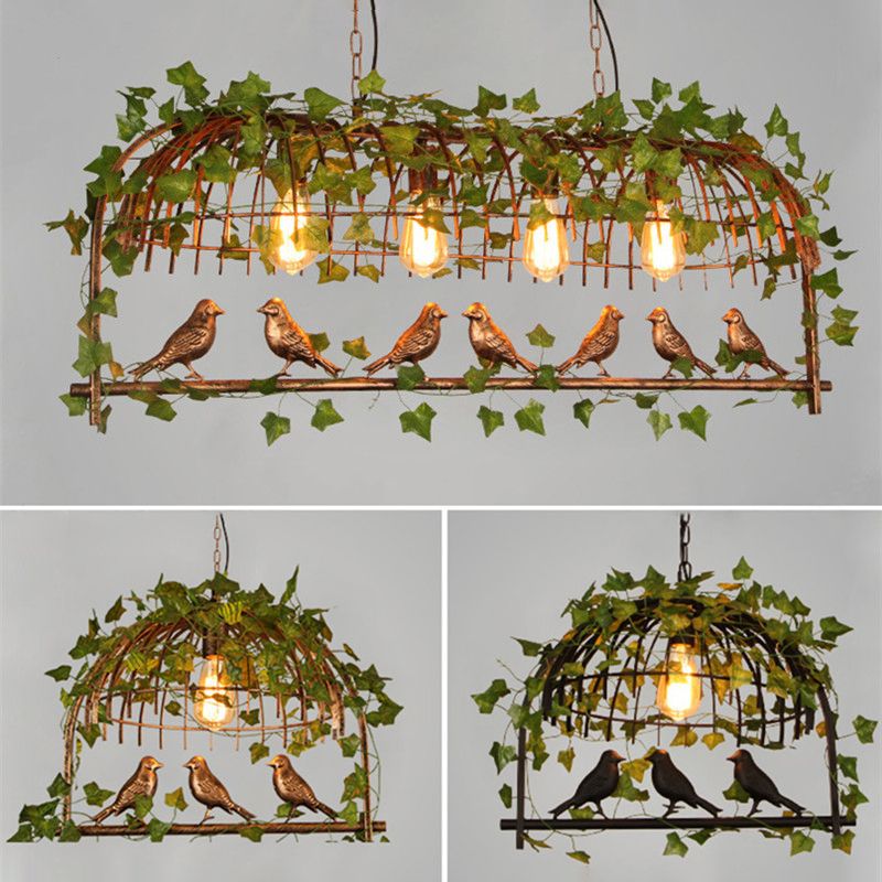 Island Ceiling Light Rural Birdcage Cast Iron Hanging Light Fixture with Bird and Leaf Deco