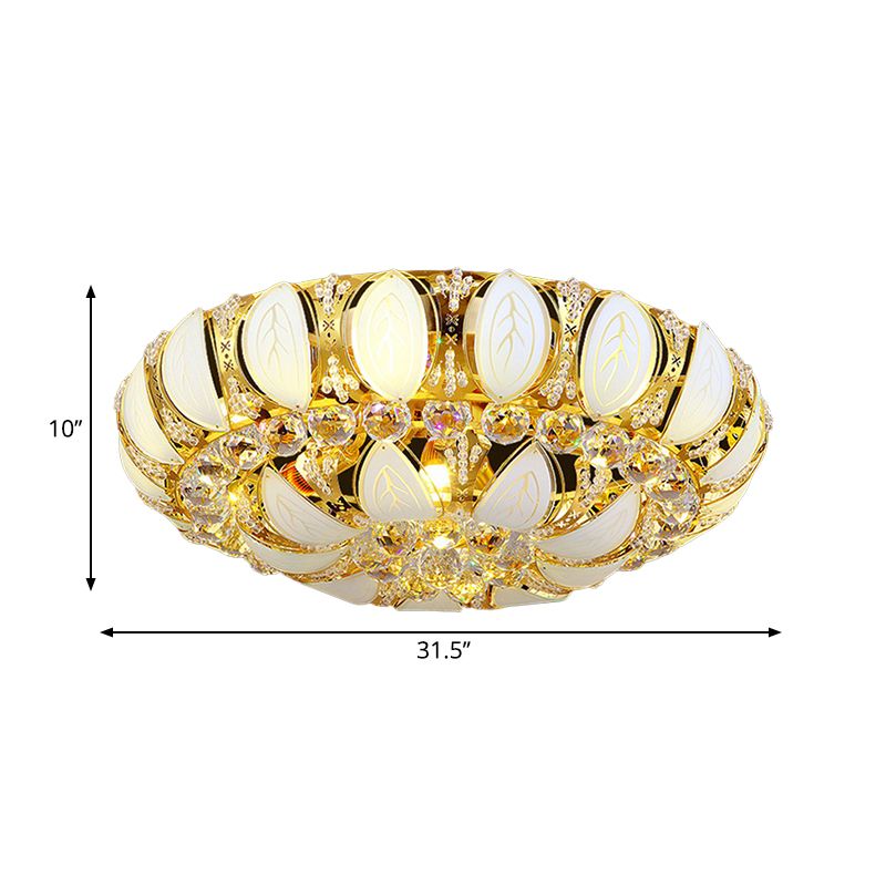 23.5 "/31.5" W Round Flush Ceiling Light Contemporary Crystal und Glas Deckenleuchte mit Blattmuster in Gold