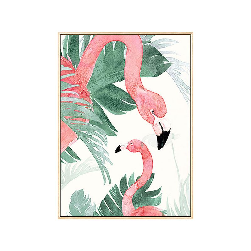 Pink-Green Kids Wall Art Flamingo and Leaves Print Canvas for Sitting Room, Textured