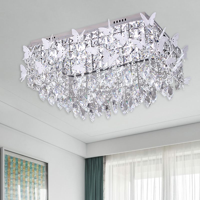 Rettangolo Flush Mount Lighting Semplicity Clear / Amber / Lake Blue Crystal LED Stainless - Steel Butterfly Massimale Light Fixture in Warm / White Light