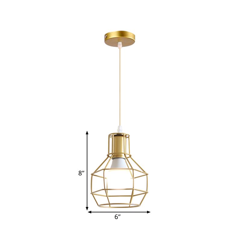 Gold Wire Cage Pendant Light 1 Head Retro Industrial Iron Hanging Lamp with Shade for Coffee Shop