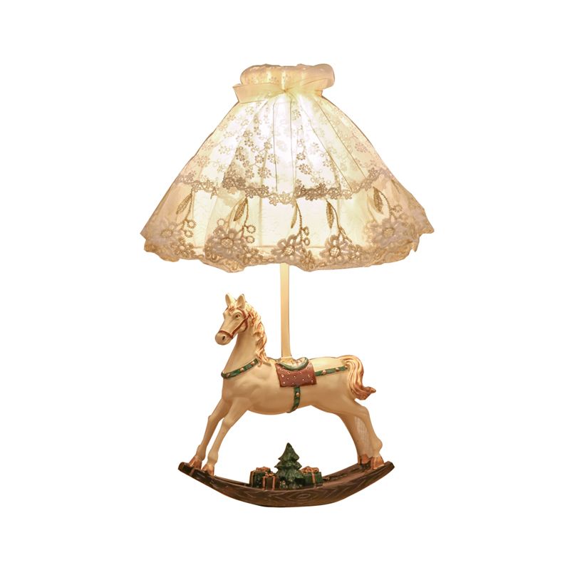 Lampada da tavolo per bambini in tessuto svasato/cupola in pizzo, lampada da comodino a 1 testa in bianco con base per altalena a cavallo a dondolo