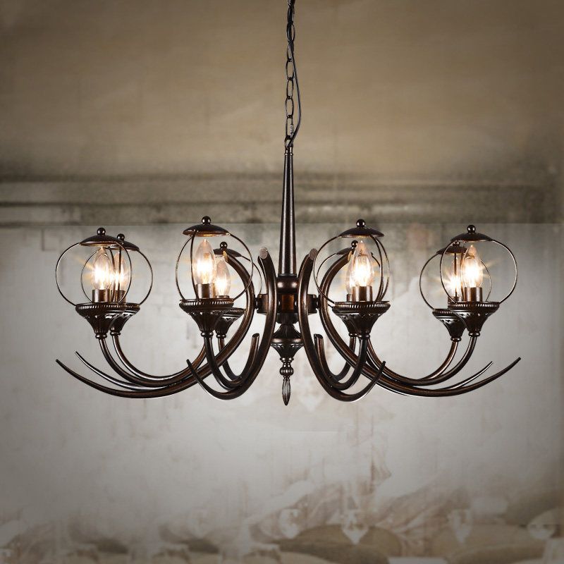 Metal Black Hanging Chandelier Curved Arm 6 Bulbs Traditional Pendant Light Fixture for Restaurant