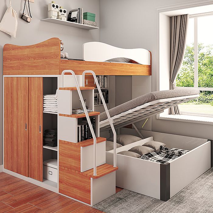 Contemporary Bunk Bed Wood Headboard with Guardrail Storage Mattress No Theme