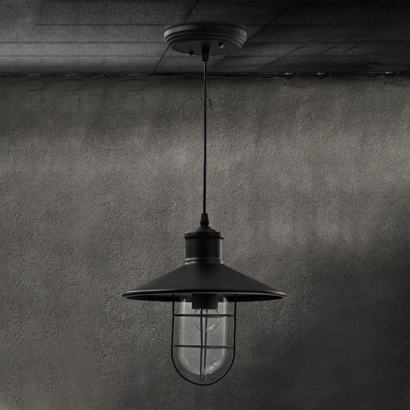 Iron Frame Single Pendant Light in Industrial Retro Style Glass Cone Hanging Lamp in Black