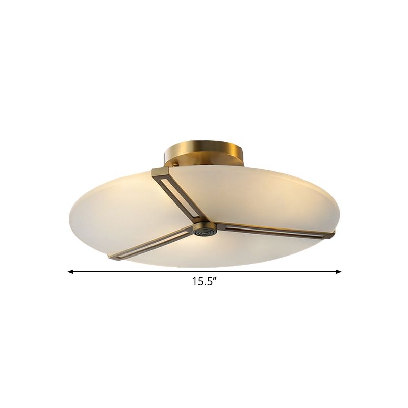 Brass 3-Head Ceiling Fixture Vintage Milky Glass Clock Semi Flush Mount Lighting for Bedroom
