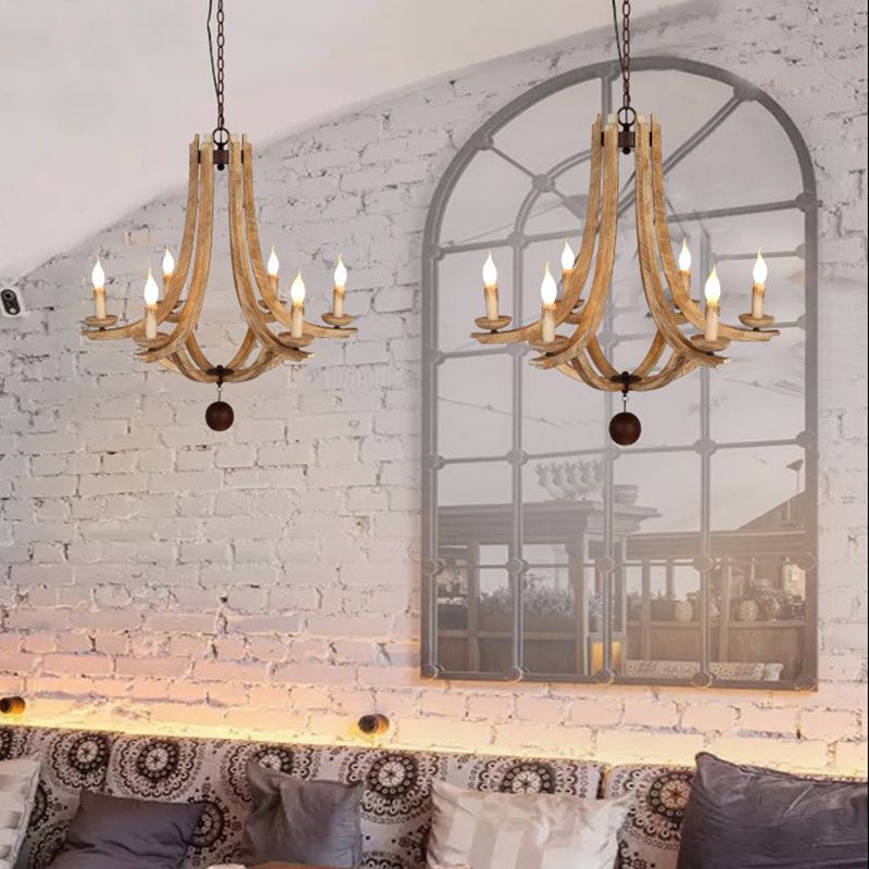 Rustic Laser-Cut Hanging Chandelier Wood 6 Bulbs Suspension Light in Beige for Bedroom