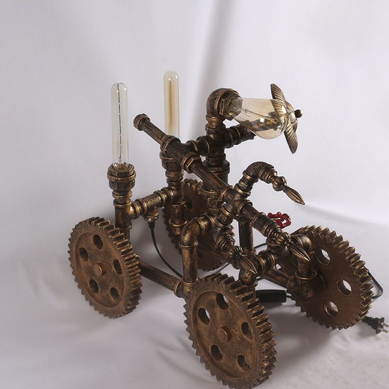 3-Light Iron Nightstand Light Industrial Brass Finish War Chariot Shaped Coffee House Table Lamp with Plug-In Cord