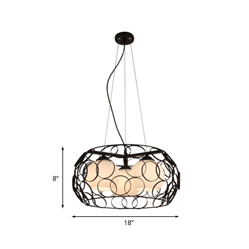 Retro Spherical Hanging Chandelier 3 Bulbs Milky Glass Down Lighting Pendant in Black with Round Cage