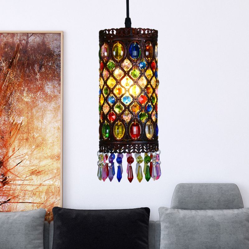 Copper 1 Bulb Ceiling Hang Fixture Traditional Metal Cylinder Suspension Light for Restaurant