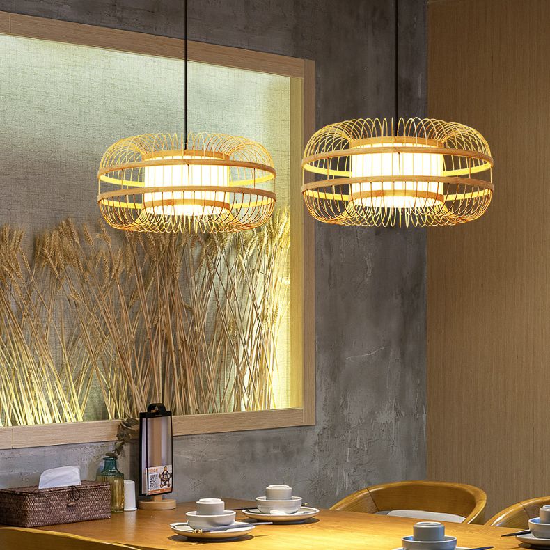 Beige 1-Light Japanese Hanging Lamp Kit Lantern Silk Pendant for Dining Room