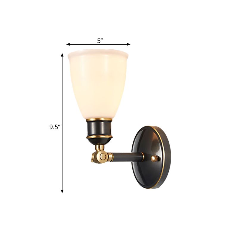 Tapered White Glass Wall Lighting Fixture Rural 1 Light Bedroom Wall Hanging Light in Brass