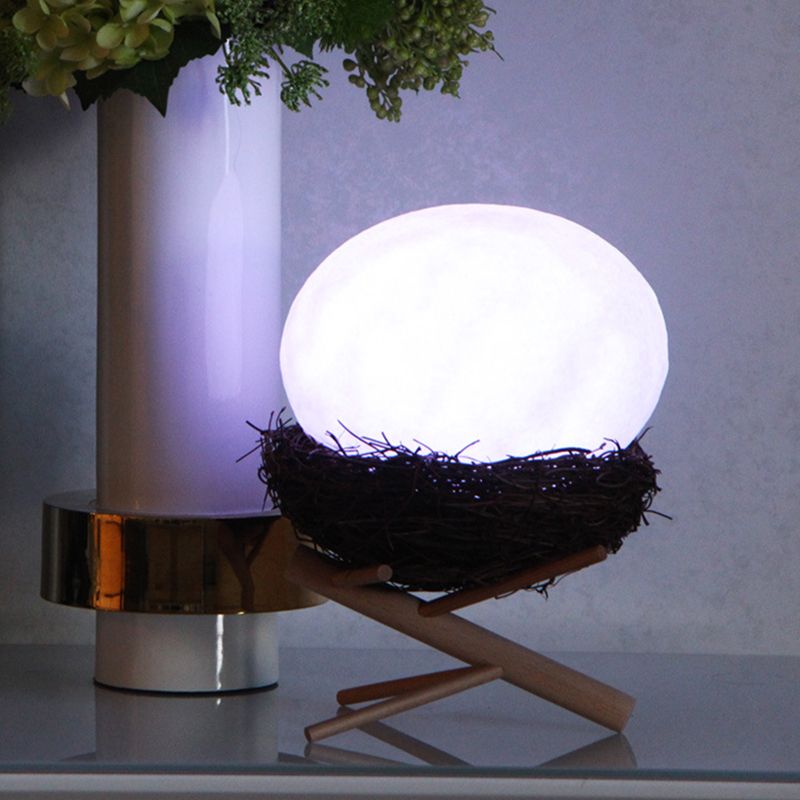 Rechargeable White Egg Nightstand Light Kids Creative Plastic LED Table Lamp with Wood Stand and Nest Lamp Holder