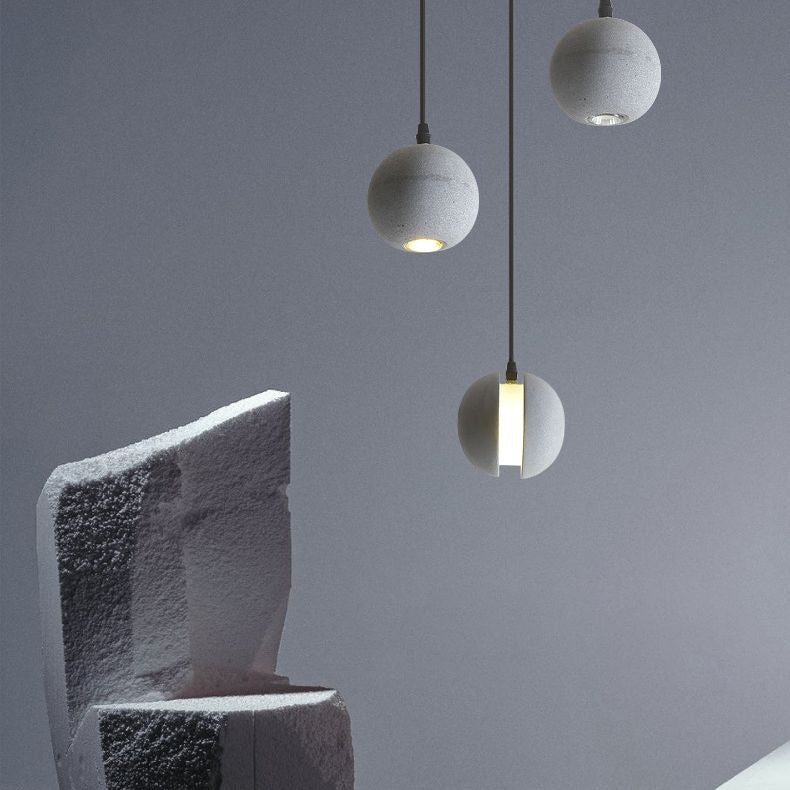 Grey Spherical Shape Pendant Lamp Modern Minimalist Cement Hanging Lamp for Living Room
