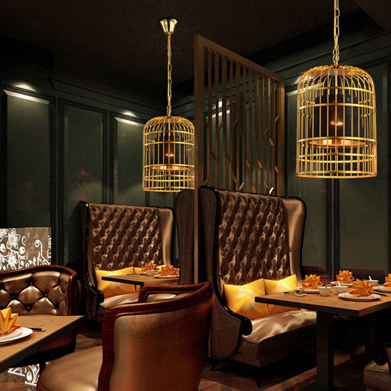 Golden Birdcage Design Metal Suspension Light Fabric Shade Creative Lighting Fixture with 35.5" Adjustable Hanging Chains