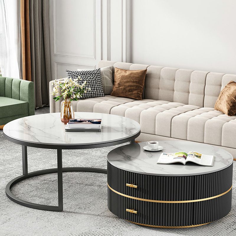Round Slate Coffee Table Set Frame Cocktail Table with 2 Storage Drawers