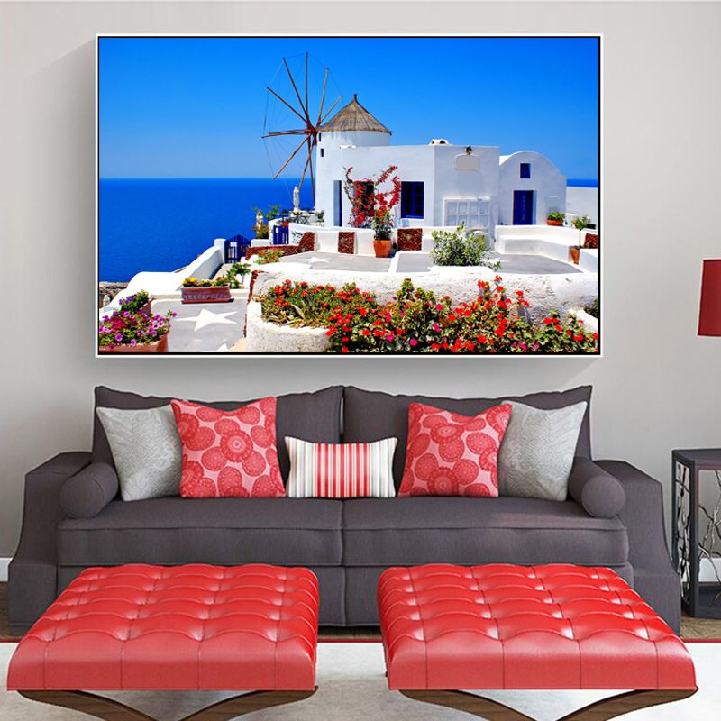 Aegean Sea Houses Wall Art Modern Style Textured Sitting Room Canvas Print in Blue